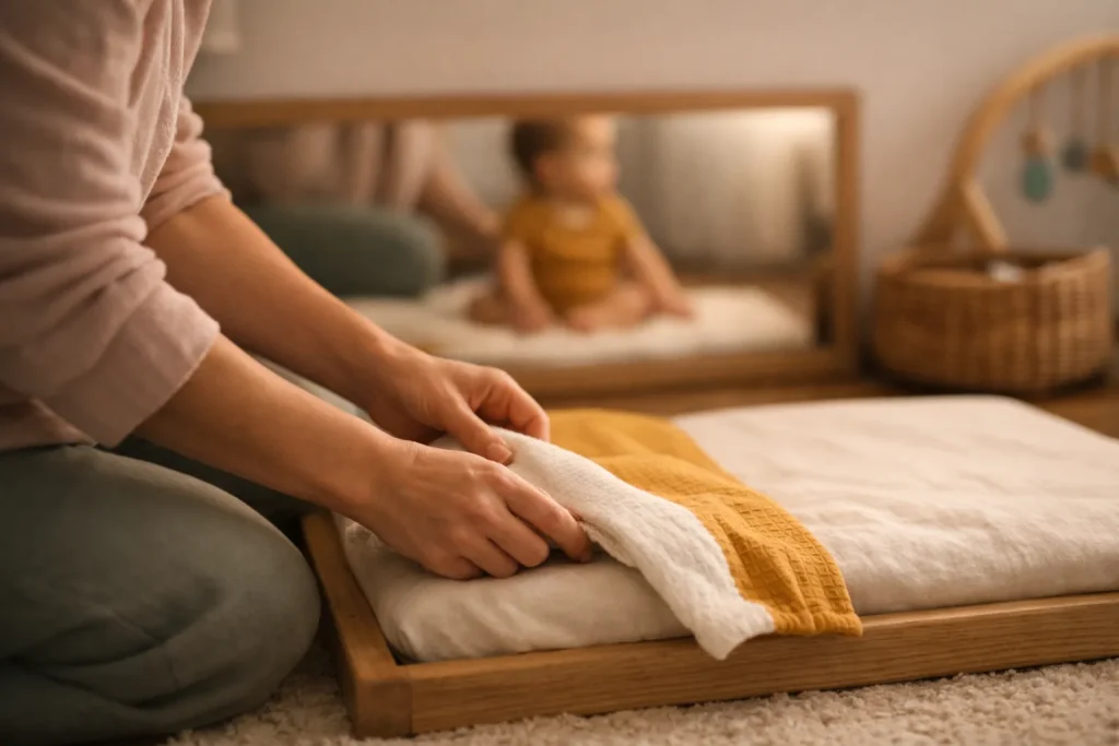 Chambre Montessori pour bébé : lit au sol, miroir, ce qu&rsquo;on garde vraiment